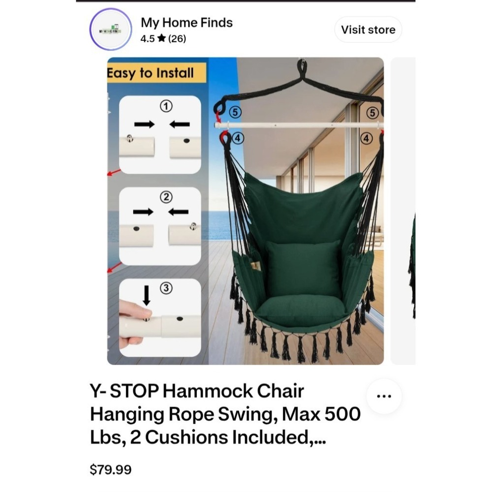 Y-STOP Hammock Chair Hanging Rope Swing Green 500lb Capacity with 2 Cushions